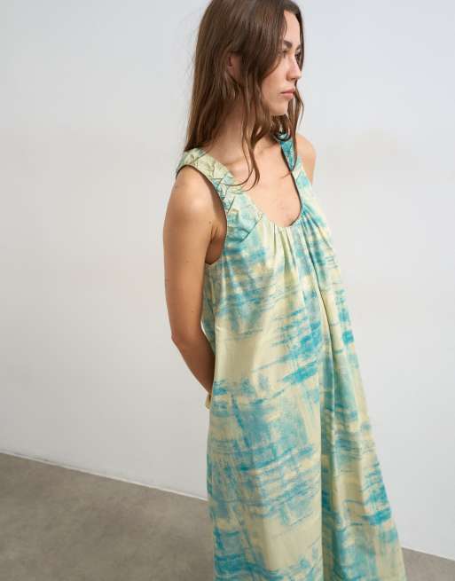 Topshop - Prendisole lungo in popeline di cotone con scollo arricciato e stampa astratta blu, 2 di 4