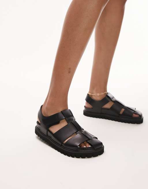 Topshop – Prescilla – Premium – Svarta gladiatorsandaler i läder