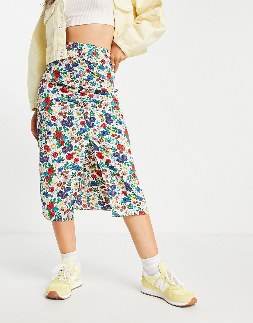 Topshop primary floral ruched front skirt in multi