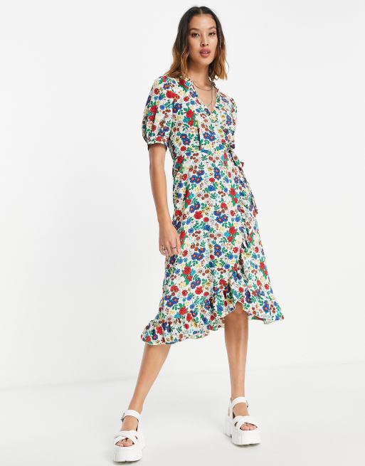 Topshop primary floral ruffle wrap midi dress in multi | ASOS