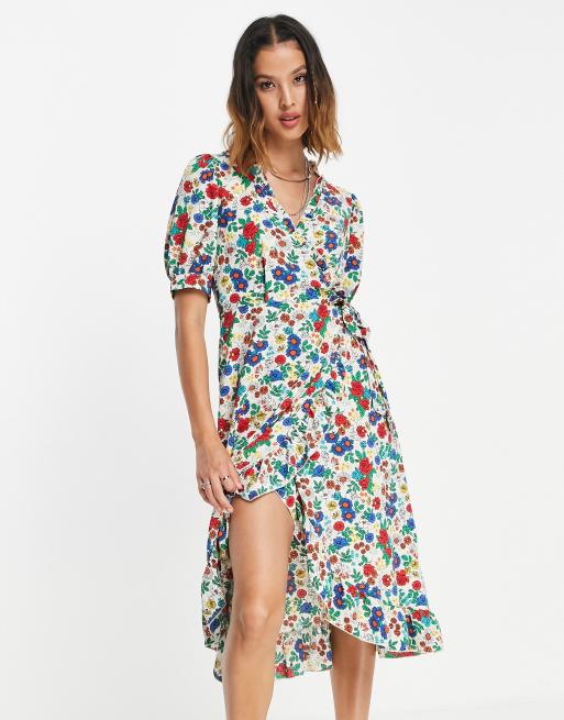 Topshop - Primary - Multifarvet slå-om-midikjole med flæse og blomstermønster , 4 af 4