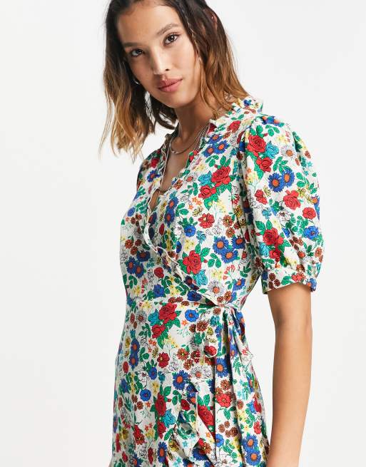 Topshop – Primary – Wickel-Midikleid mit Rüschen und buntem Blumenmuster , 2 von 4