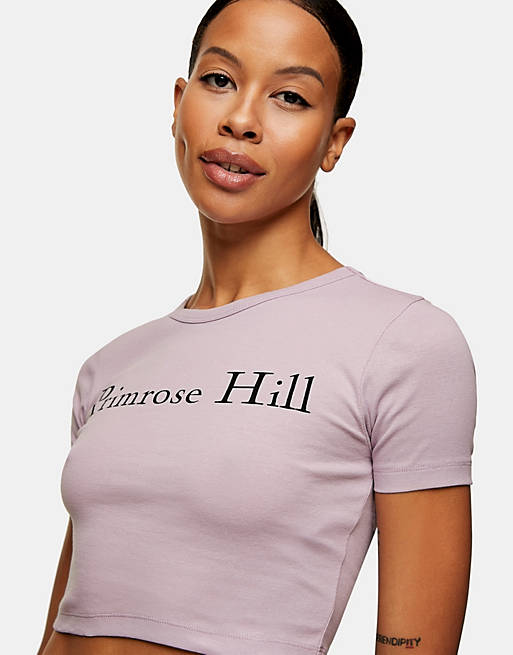 Topshop primrose hill slogan cropped t-shirt in lilac