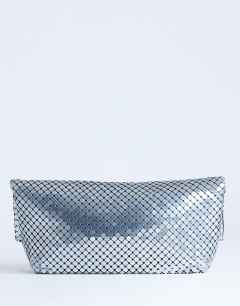 Model wearing Prince Chainmail oversized clutch bag in silver