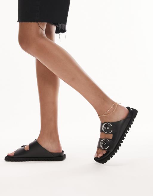 Topshop – Prince – Flache Sandalen aus Leder in Schwarz mit Schnallen