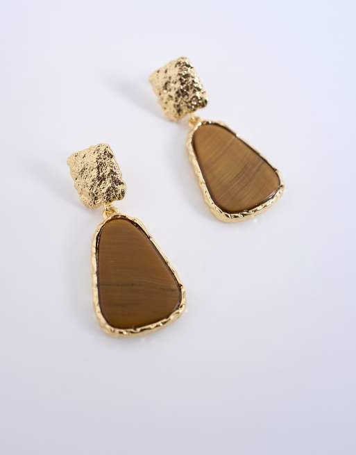 Topshop Prince textured stud earring with tiger stone in gold and brown, 2 of 3