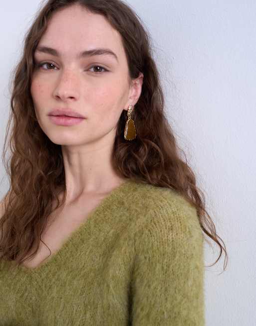 Topshop Prince textured stud earring with tiger stone in gold and brown, 3 of 3