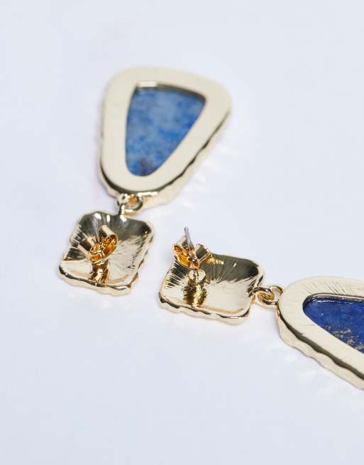Topshop Prince textured stud earrings with stone in gold and cobalt, 2 of 3