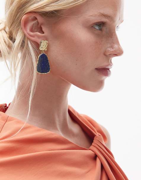 Topshop Prince textured stud earrings with tiger stone in gold and cobalt - view 1