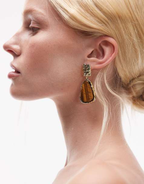 Topshop Prince textured stud earrings with tiger stone in gold tone and brown - view 1