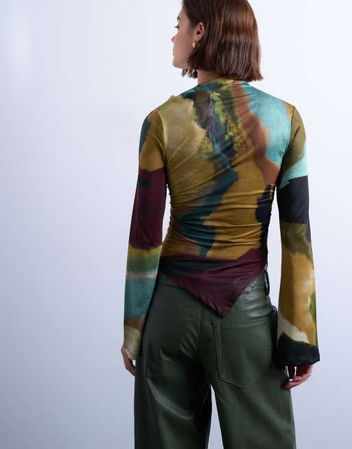 Topshop print slash neck asymmetric top in multi