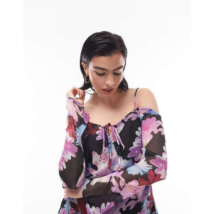 Black floral cheap cold shoulder top