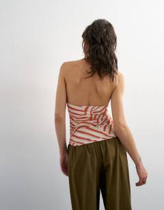 Model wearing Printed cowl neck halter top in multi
