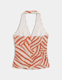 Model wearing Printed cowl neck halter top in multi