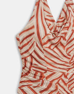 Model wearing Printed cowl neck halter top in multi