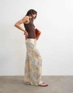 Printed floral jaquard satin wide leg trouser in multi