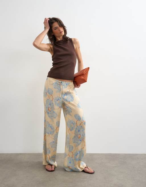 Topshop printed floral jaquard satin wide leg trouser in multi, 4 of 5