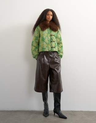 Topshop Printed Fur Collar Jacket In Green