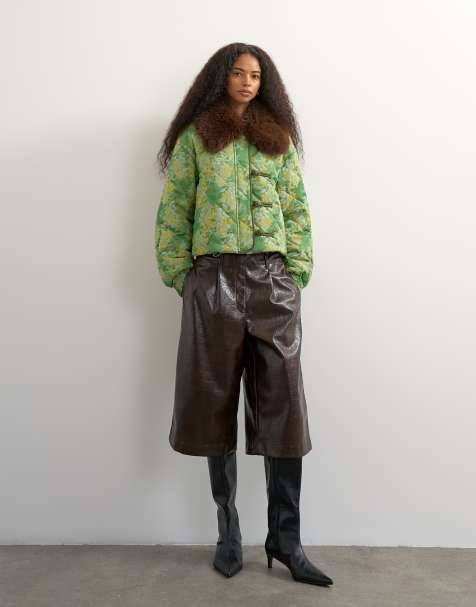 Topshop printed fur collar jacket in green - view 1