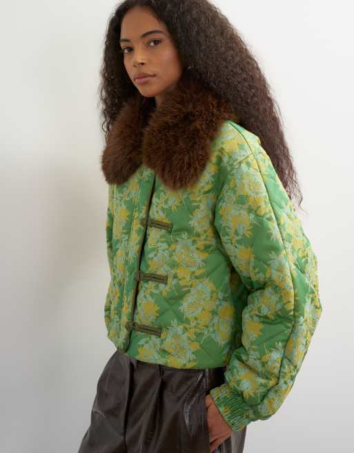 Topshop printed fur collar jacket in green, 3 of 4