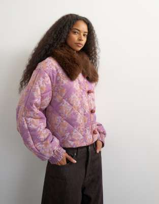 Topshop Printed Fur Collar Jacket In Pink