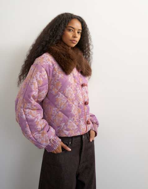 Topshop printed fur collar jacket in pink - view 1