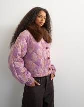 Topshop printed fur collar jacket in pink