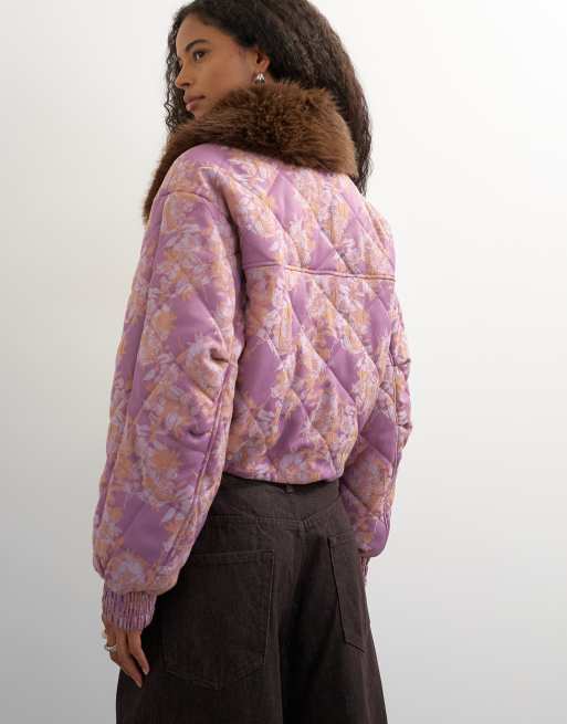 Topshop printed fur collar jacket in pink, 2 of 4