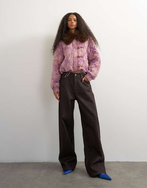 Topshop printed fur collar jacket in pink, 4 of 4