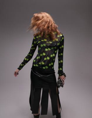 Topshop Printed High Neck Top In Green Multi In Green