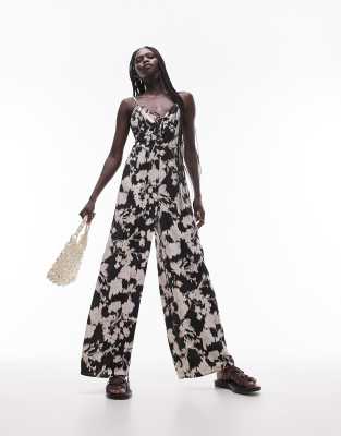 Topshop Printed Lace Up Jumpsuit In Mono Floral-multi