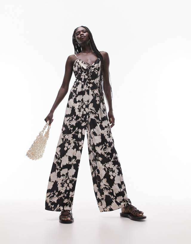 Topshop - printed lace up jumpsuit in mono floral