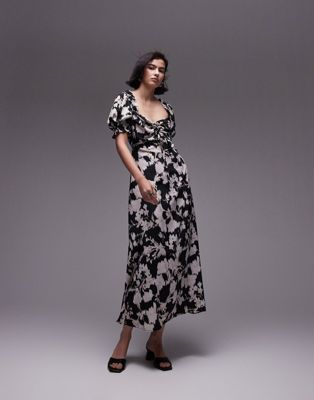Topshop printed lace up midi dress in mono animal