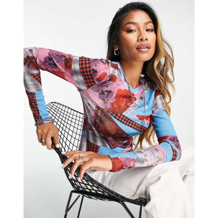 トップス sop Topshop printed mesh long sleeve top in multi | ASOS