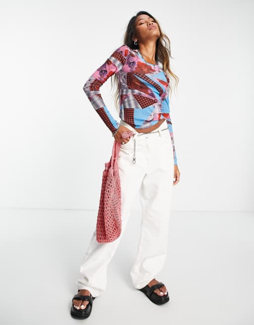 Topshop printed mesh long sleeve top in multi | ASOS