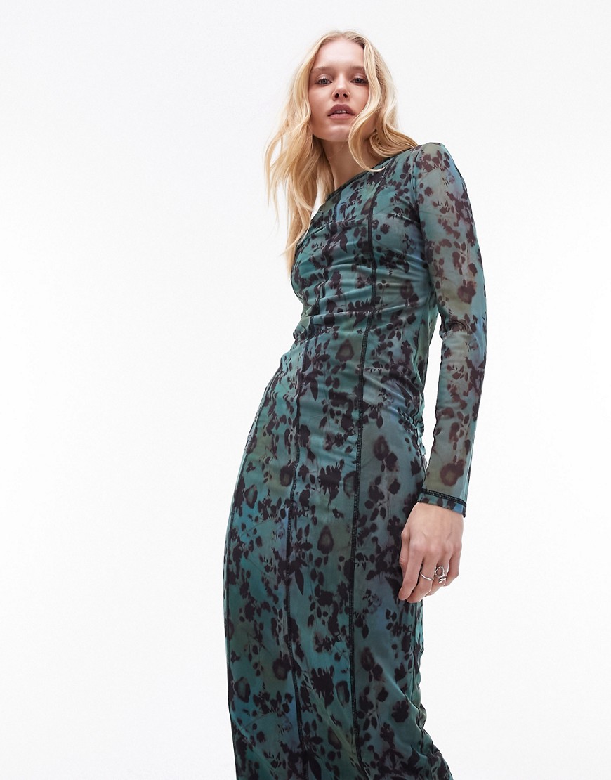 Topshop printed mesh midi dress with overlocked seams in turquoise floral-Blue