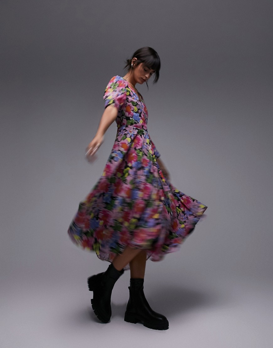 Topshop printed midi wrap occasion dress in bright floral-Multi