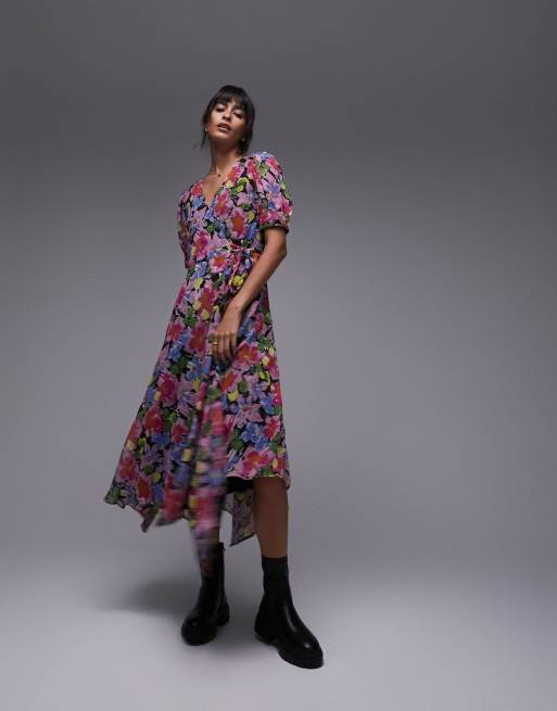 Topshop printed midi wrap occasion dress in bright floral