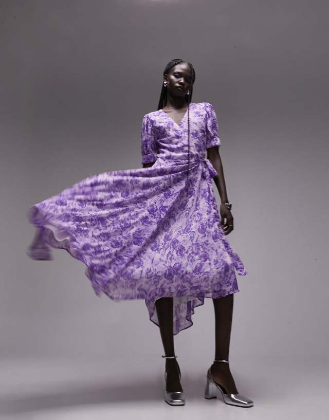 Topshop - printed midi wrap occasion dress in purple floral