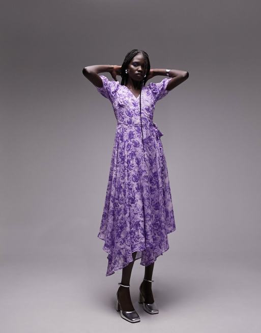 Topshop printed midi wrap occasion dress in purple floral ASOS