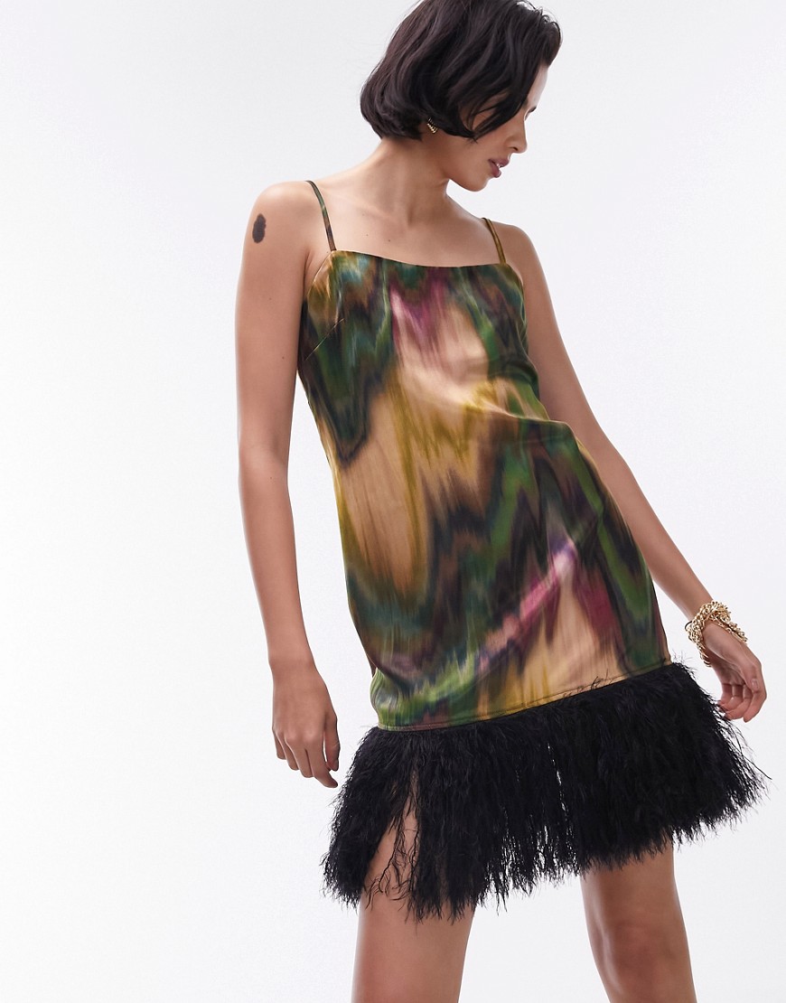 Topshop Printed Mini Slip With Faux Feather Trim Detail In Multi