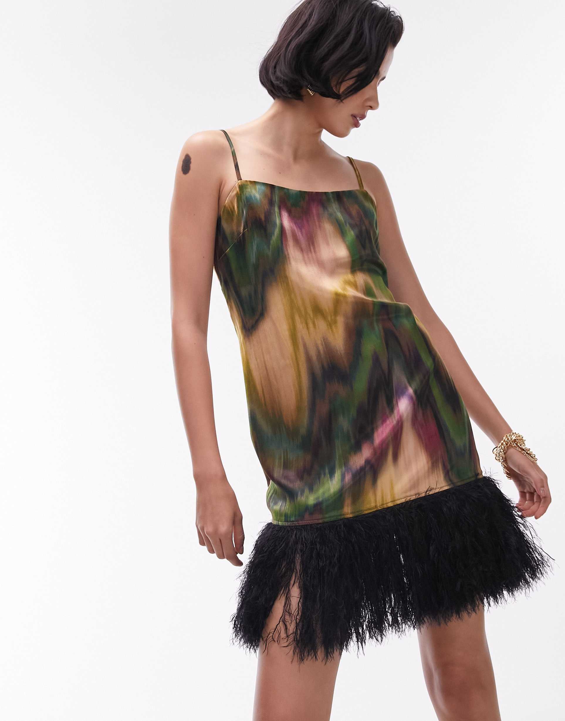 topshop printed mini slip with faux feather trim detail in multi