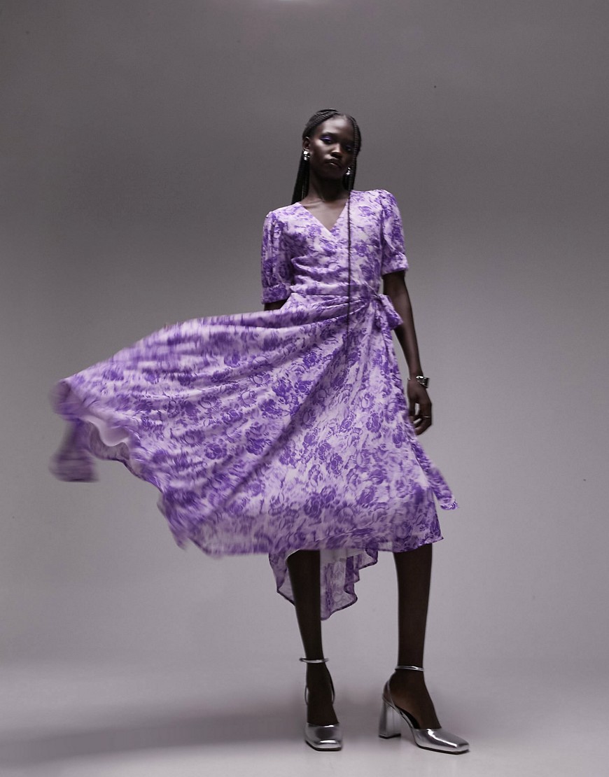 printed occasion midi wrap dress in purple floral-Orange