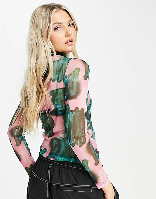 Tops Topshop printed ruche side mesh top in green and pink 