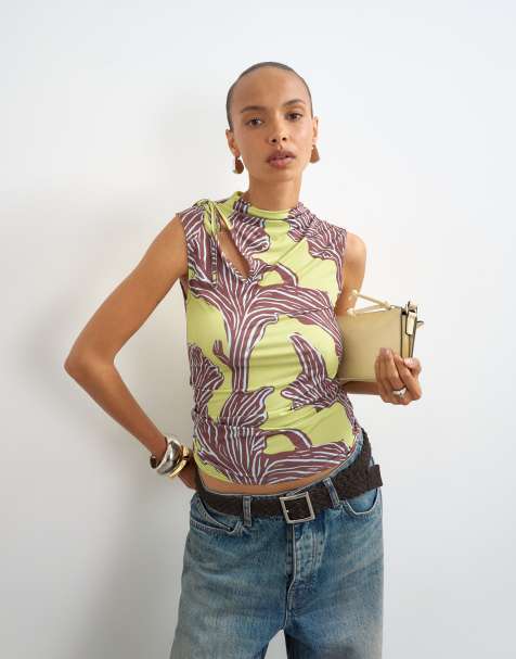 Topshop printed ruched neck tie cut out top in green - view 1