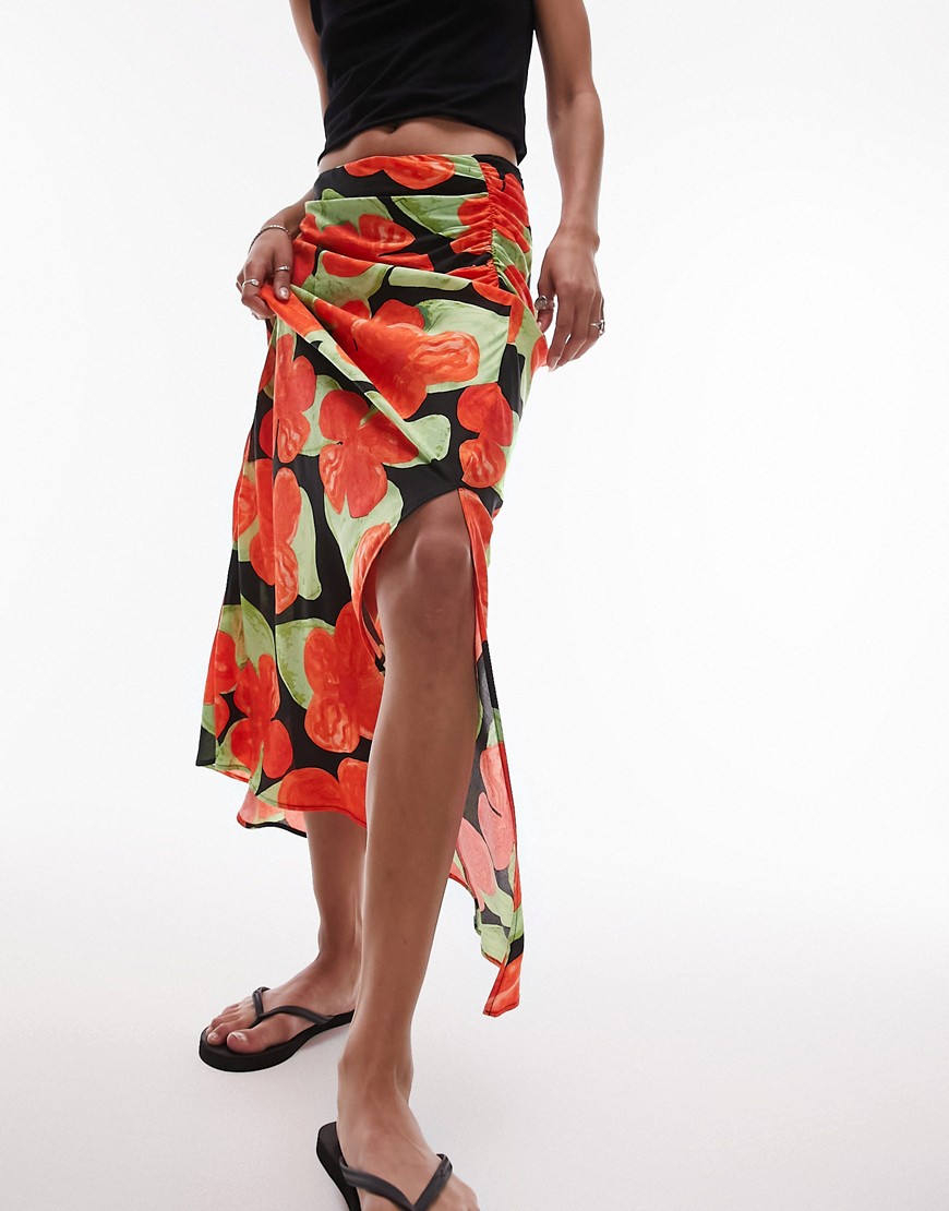 Topshop printed side split maxi skirt in red
