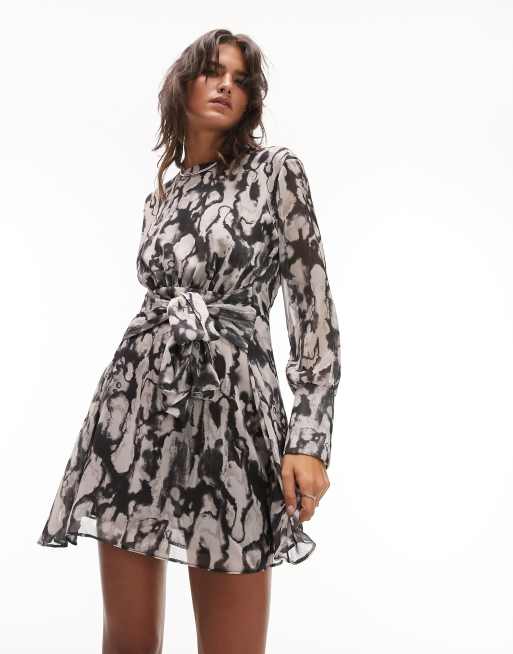 Topshop printed splodgy animal tie waist mini tea dress in mono
