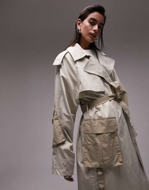 Topshop – Prochowiec o wydłużonym fasonie z kieszeniami w stylu roboczym w odcieniach khaki 