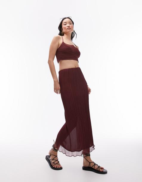Topshop – Prosta plisowana spódnica midi w bordowym kolorze, część zestawu - view 1