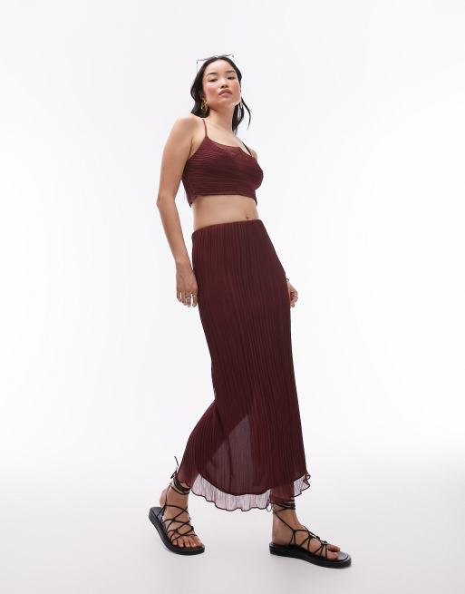 Topshop – Prosta plisowana spódnica midi w bordowym kolorze, część zestawu